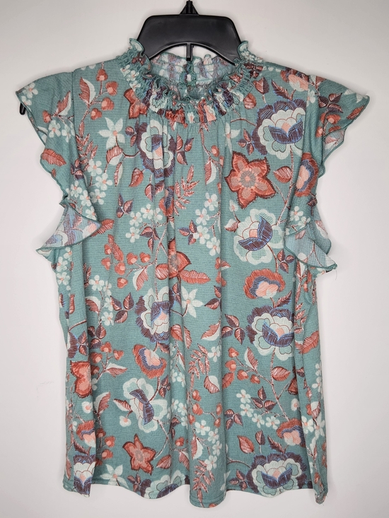 MELLODAY Tops - MELLODAY Teal Floral Smocked Ruffle Neck Flutter Sleeve Camisole - M